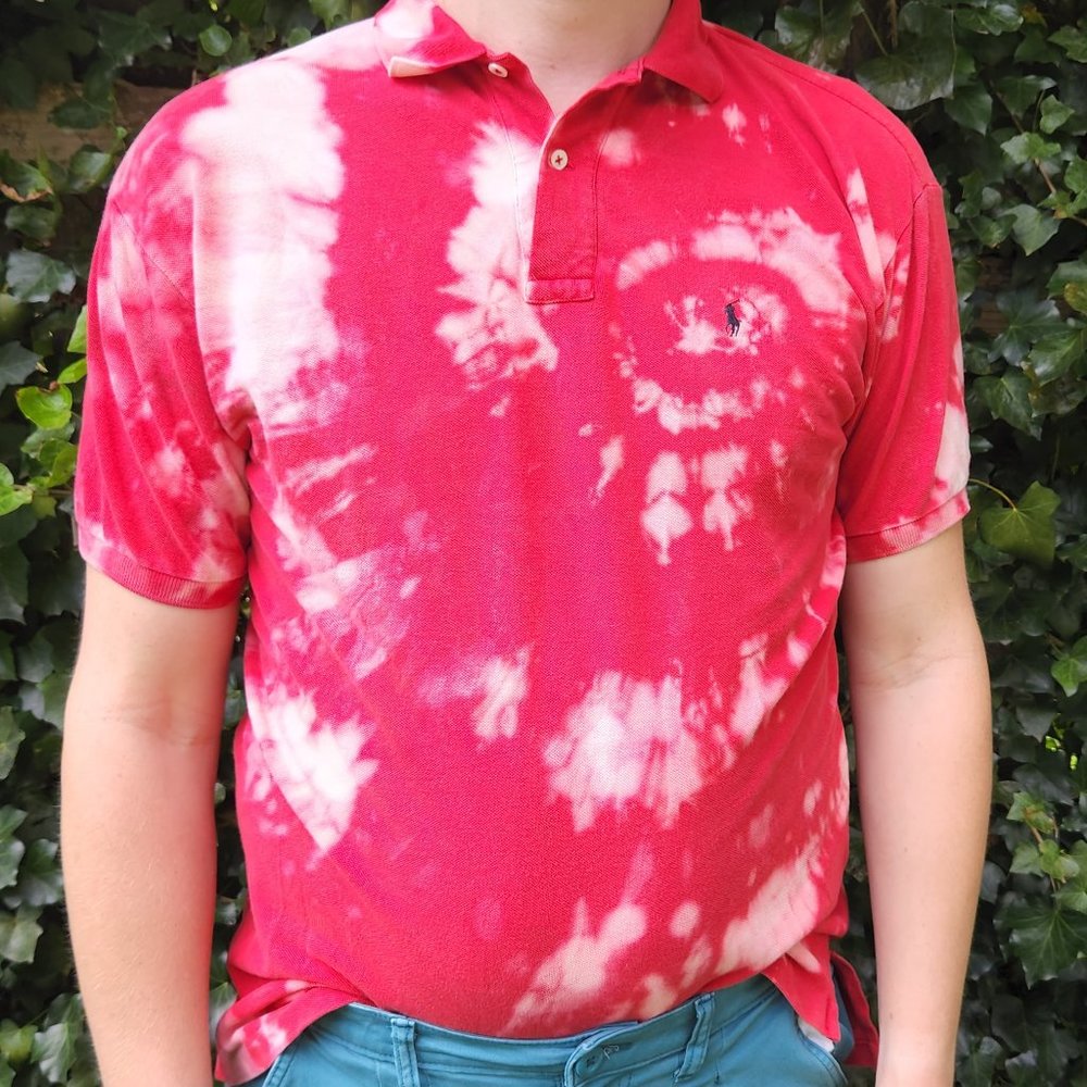 hand-tie-dyed Ralph Lauren polo (Large) -- red and white